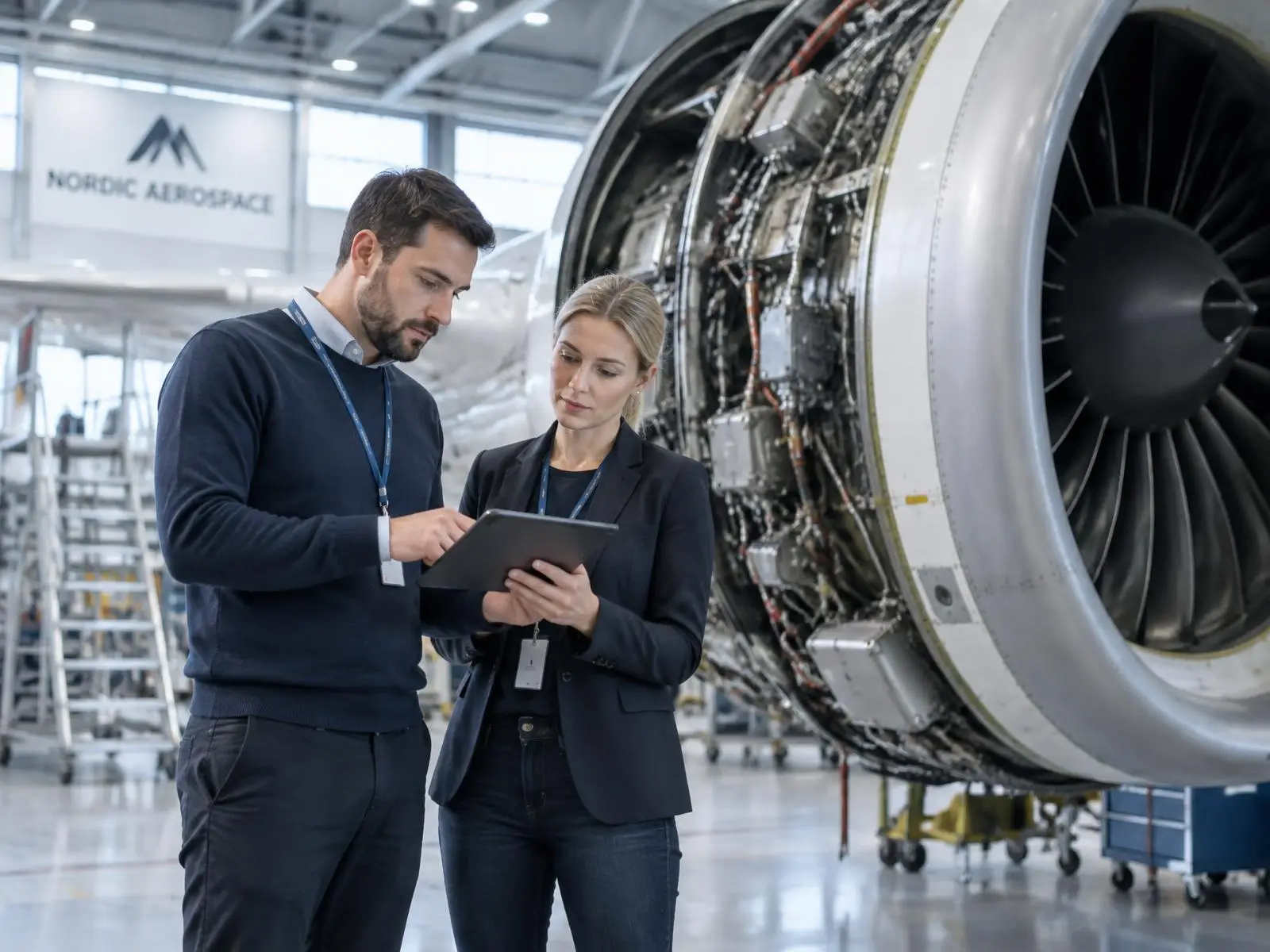 Engineers reviewing plans beside an aircraft engine in a Nordic hangar.