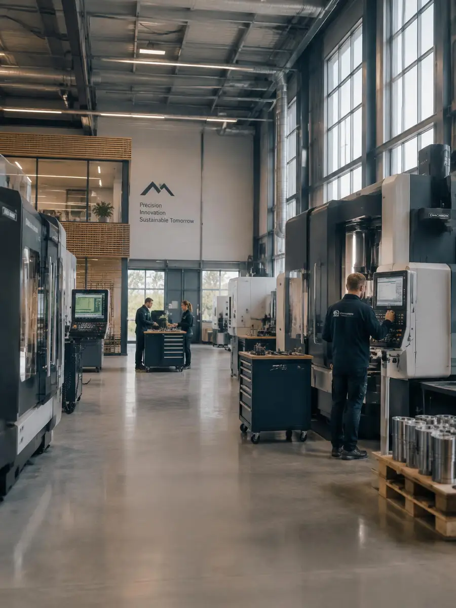 Modern Nordic advanced manufacturing hall with precision machinery.
