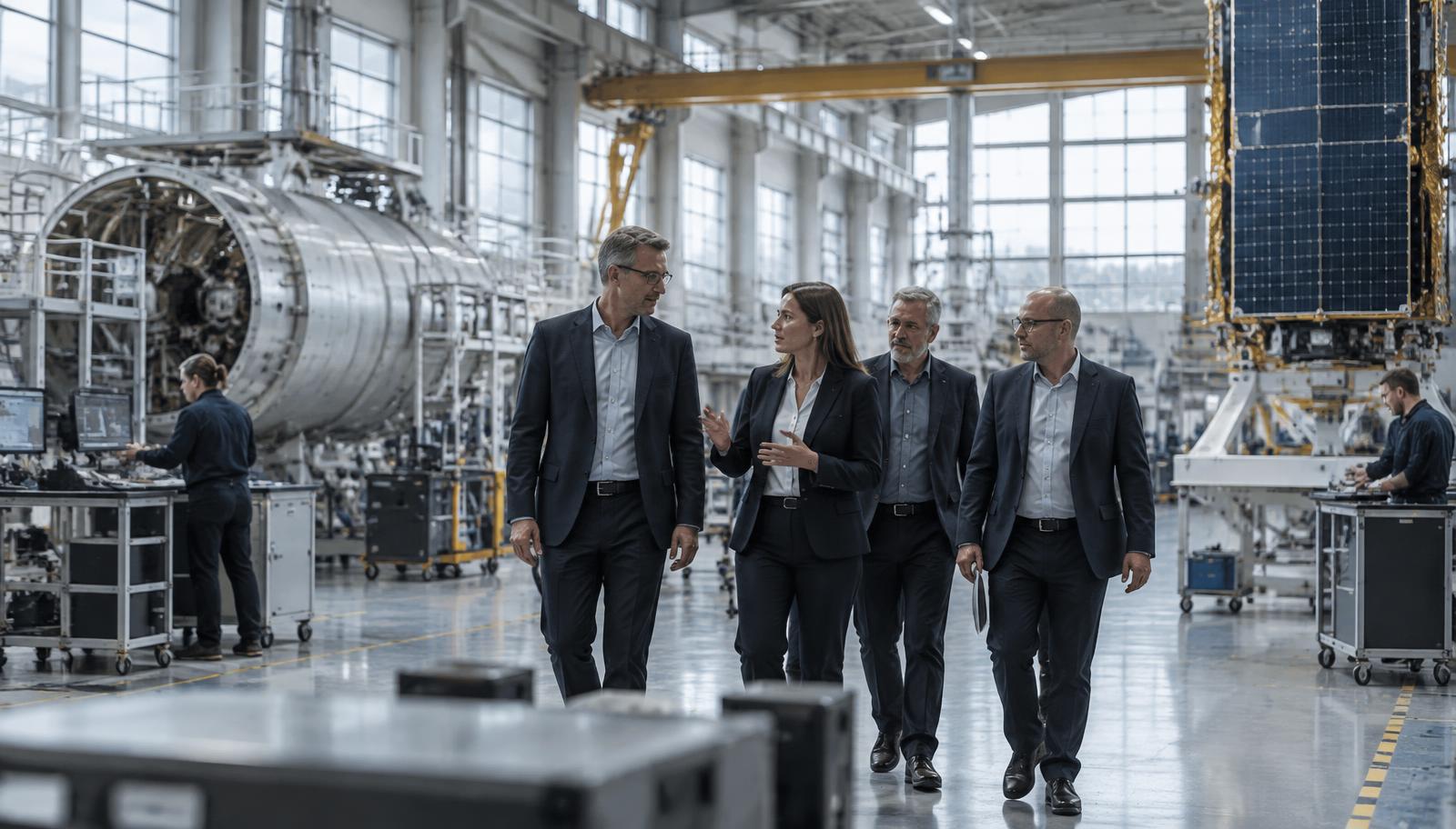 Företagsledare i samtal på en europeisk anläggning för avancerad teknik.