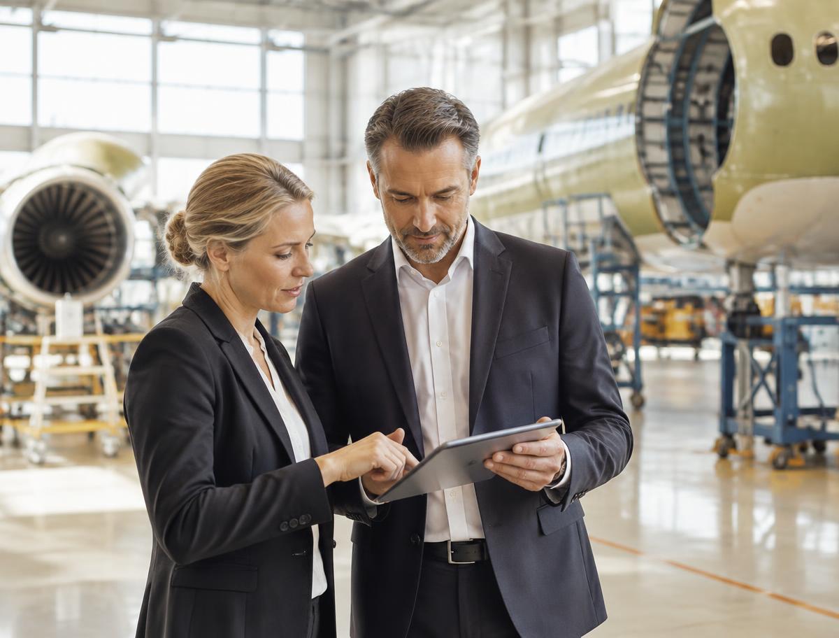 Executives reviewing technical material at a Nordic aerospace and space facility.